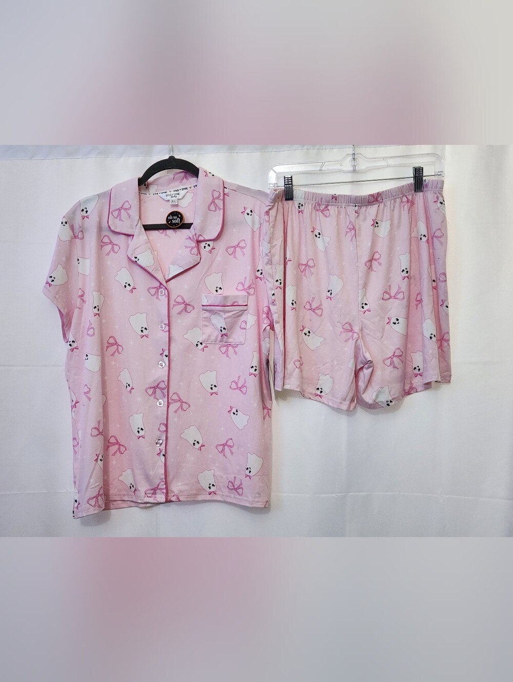 Trick Or Treat Halloween Soft Pink Bow & Ghost Print Short Pajama Set Coquette